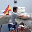  L'infante Elena d'Espagne, avec sa mère la reine Sofia, son fils Felipe et sa fille Victoria, suivait une nouvelle journée de la 34e Copa del Rey à Palma de Majorque le 6 août 2015 