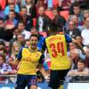 Arsenal's Alexis Sanchez celebrates scoring their second goal of the game with team-mate Francis Coquelin (right) during the FA Cup Final soccer match, Arsenal Vs Aston Villa at Wembley Stadium in London, UK May 30, 2015. Photo by Nick Potts/PA Wire/ABACAPRESS.COM31/05/2015 - London