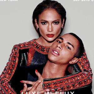 Jennifer Lopez et Olivier Rousteing photographiés par Nicolas Moore en couverture du magazine Paper. Numéro de septembre 2015.