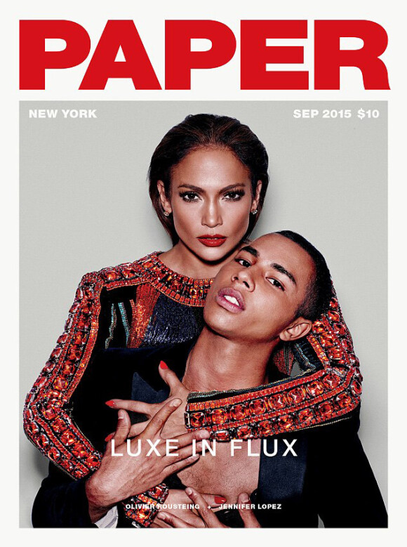 Jennifer Lopez et Olivier Rousteing photographiés par Nicolas Moore en couverture du magazine Paper. Numéro de septembre 2015.