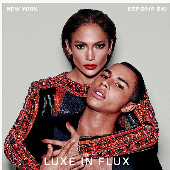 Jennifer Lopez et Olivier Rousteing photographiés par Nicolas Moore en couverture du magazine Paper. Numéro de septembre 2015.