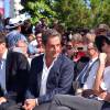 Christian Estrosi, le député maire de la ville de Nice, Nicolas Sarkozy avec sa femme Carla Bruni-Sarkozy et Eric Ciotti, le président du conseil départemental des Alpes-Maritimes, participent à une rencontre avec des élus et des militants du parti Les Républicains au jardin Albert 1er à Nice le 19 juillet 2015.