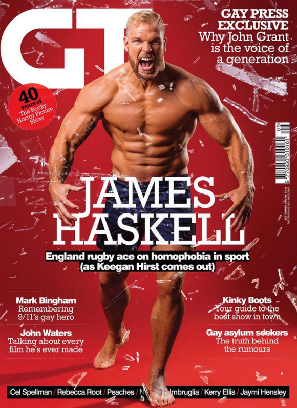 James Haskell en couverture du Gay Times magazine - août 2015