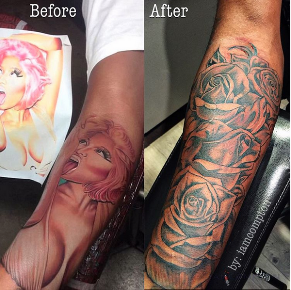 Safaree Samuels, rappeur et ex-compagnon de Nicki Minaj, s'est fait recouvert un tatouage à l'effigie de son ex. Photo publiée le 2 août 2015.