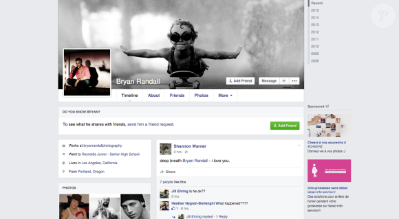 Capture d'écran de la page Facebook de Bryan Randall, nouveau compagnon de Sandra Bullock