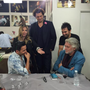 Kamel Ouali, Hélène Ségara, Alex Goude et Gilbert Rozon dans les coulisses du tournage de La France a un incroyable talent sur M6. Septembre 2015.