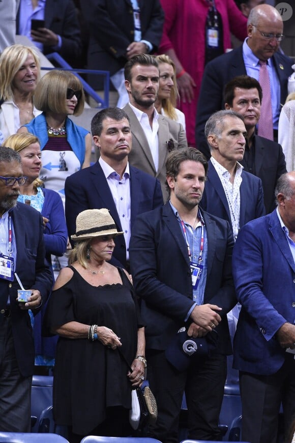 Bradley Cooper, Anna Wintour et David Beckham à la finale de l'US Open remportée par Novak Djokovic contre Roger Federer à New York, le 13 septembre 2015.