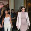 Kim Kardashian, enceinte, Kourtney, Khloé Kardashian et Kylie Jenner quittent le restaurant Cipriani Club 55 à New York. Le 14 septembre 2015.