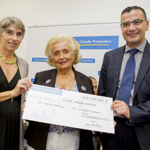Exclusif - Agnès Rötig (laureat 2015), Bernadette Chirac, Foudil Lamari (laureat 2015) - Remise du prix Claude Pompidou pour la recherche sur la maladie d'Alzheimer à l'hôtel Aston La Scala à Nice le 11 septembre 2015.