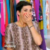Cristina Cordula choquée devant le look d'un "sosie" de Kylie Minogue dans Les Reines du shopping, le 30 septembre 2015, sur M6