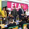 Najat Vallaud-Belkacem et Zinédine Zidane, parrain de l'association lors de la dictée ELA à l'école Marseille à Paris, le 12 octobre 2015, pour le lancement de la campagne nationale contre la maladie et le handicap de l'association européenne contre les leucodystrophies (ELA)