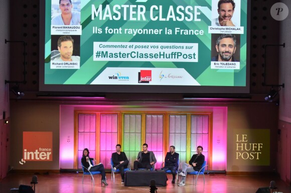 Sonia Devillers, Richard Orlinski, Florent Manaudou, Eric Toledano et Christophe Michalak lors du Master Classe du Huffington Post à l'université Paris Descartes le 13 octobre 2015