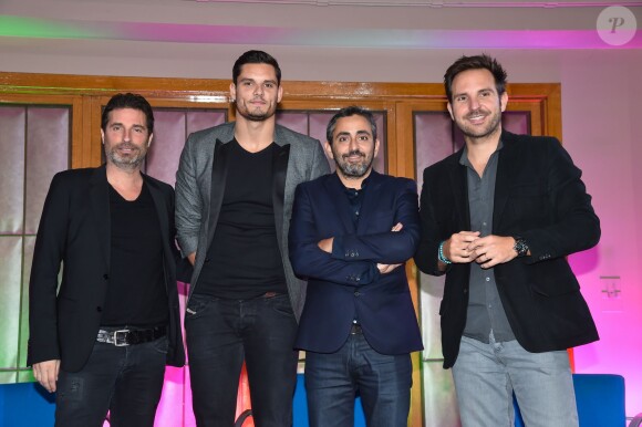 Richard Orlinski, Florent Manaudou, Eric Toledano et Christophe Michalak lors du Master Classe du Huffington Post à l'université Paris Descartes le 13 octobre 2015
