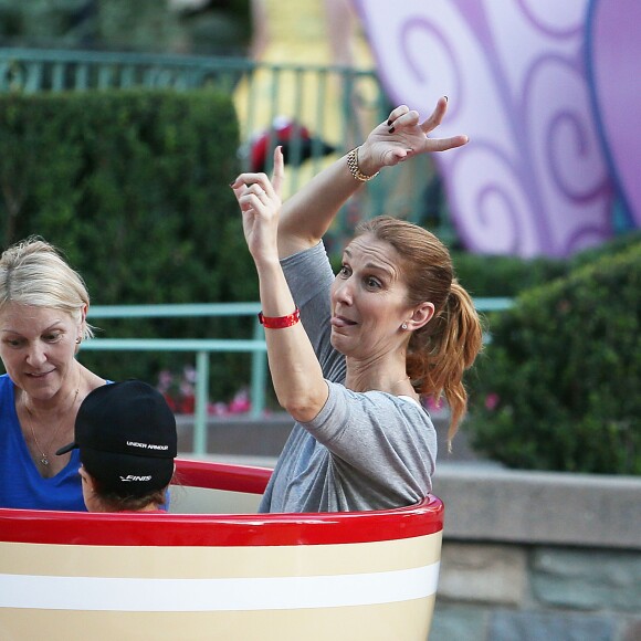 Exclusif - Céline Dion et ses fils Nelson et Eddy font des tours de manège au Disneyland d'Anaheim en Californie le 15 octobre 2015.