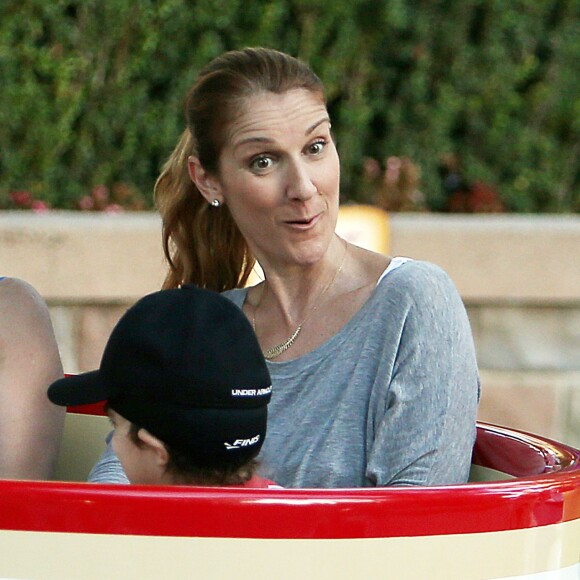 Exclusif - Céline Dion et ses fils Nelson et Eddy font des tours de manège au Disneyland d'Anaheim en Californie le 15 octobre 2015.