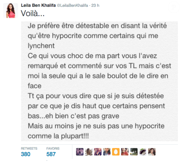 Leila Ben Khalifa s'exprime sur Twitter le 17 octobre 2015.