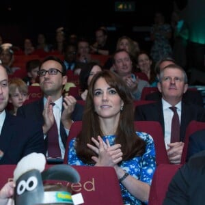 Extraits en avant-première du film d'animation Shaun le mouton : Farmer's Llamas. Kate Middleton, duchesse de Cambridge, le prince William et le prince Harry se sont bien amusés, le 26 octobre 2015 au siège de la BAFTA, lors d'une rencontre avec des enfants dans le cadre de The Charities Forum, un événement rassemblant une trentaine d'associations qu'ils soutiennent.