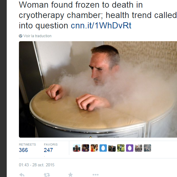 Franck Ribéry illustre un message publié sur Twitter par CNN sur la découverte d'une femme morte congelée.