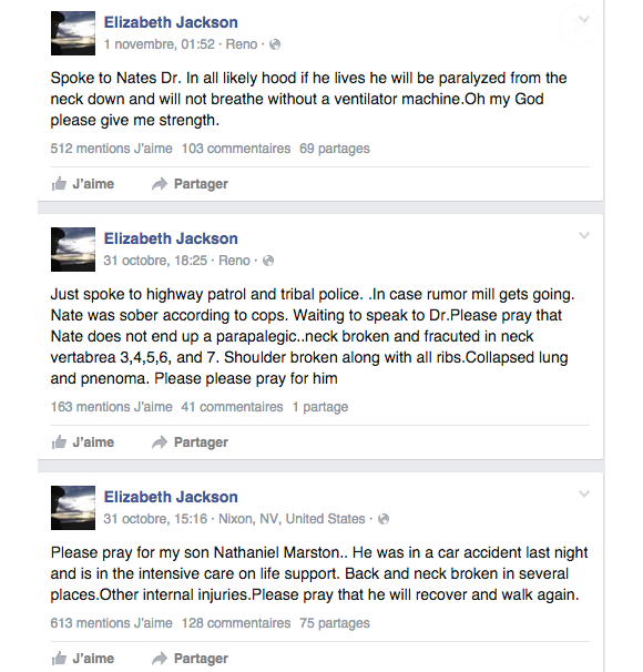 Capture d'écran des messages Facebook d'Elizabeth Jackson à propos de l'accident de la route de son fils l'acteur Nathaniel Marston, fin octobre - début novembre 2015.