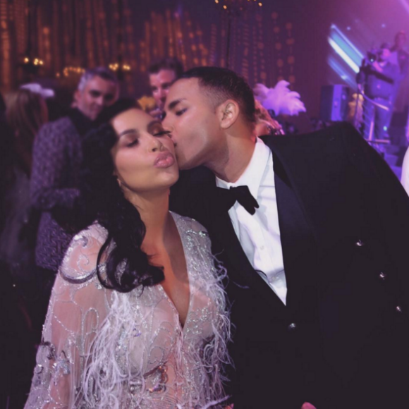 Kim Kardashian et Olivier Rousteing à la soirée d'anniversaire de Kris Jenner (60 ans) à Los Angeles. Le 6 novembre 2015.