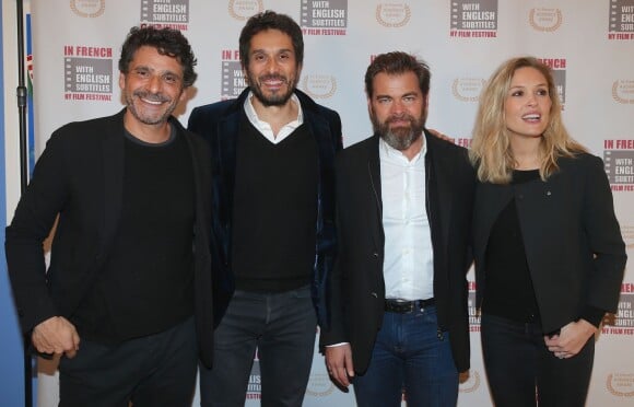 Exclusif - Pascal Elbé, Vincent Elbaz, Clovis Cornillac et sa femme Lilou Fogli posent ensemble lors de l'ouverture du Festival du film "In French with English subtitles" à New York, le vendredi 20 Novembre 2015.