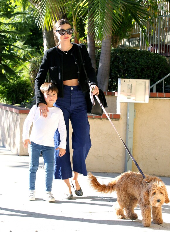 Exclusif - Miranda Kerr promène son chien avec son fils Flynn et une amie dans les rues de Los Angeles, le 21 novembre 2015.