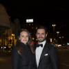 La princesse Sofia de Suède, enceinte, et le prince Carl Philip de Suède arrivant à un dîner de bienfaisance au profit de Project Playground dans le cadre du Global Child Forum 2015 à Stockholm, le 26 novembre 2015.