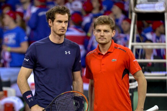 David Goffin et Andy Murray lors du dernier match de Coupe Davis entre la Belgique et la Grande-Bretagne à Gand le 29 novembre 2015