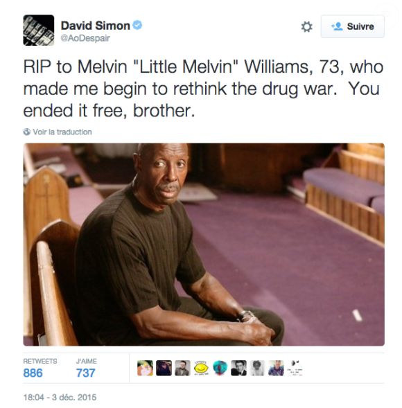 David Simon annonce la mort de "Little" Melvin Williams le 3 décembre 2015.