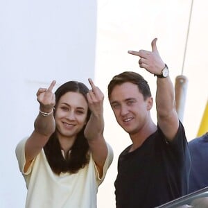 Exclusif - Tom Felton et Troian Bellisario en plein tournage du film Feed' à Los Angeles, le 8 décembre 2015 © CPA/Bestimage