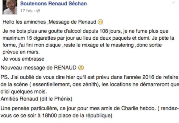 Message de Renaud sur la page Facebook de ses admirateurs, le 6 et 7 janvier 2015.