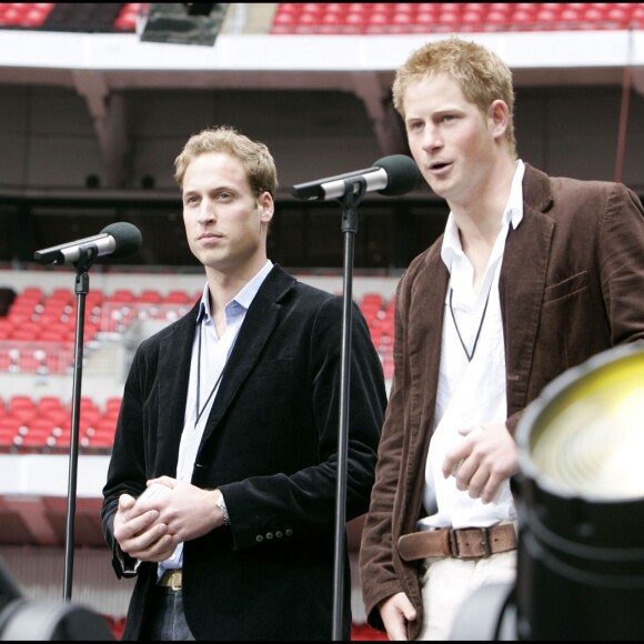 Le prince William et le prince Harry à Wembley, à Londres, le 1er juillet 2007 lors du grand concert pour Diana, à la mémoire de leur mère Lady Di, disparue 10 ans plus tôt.