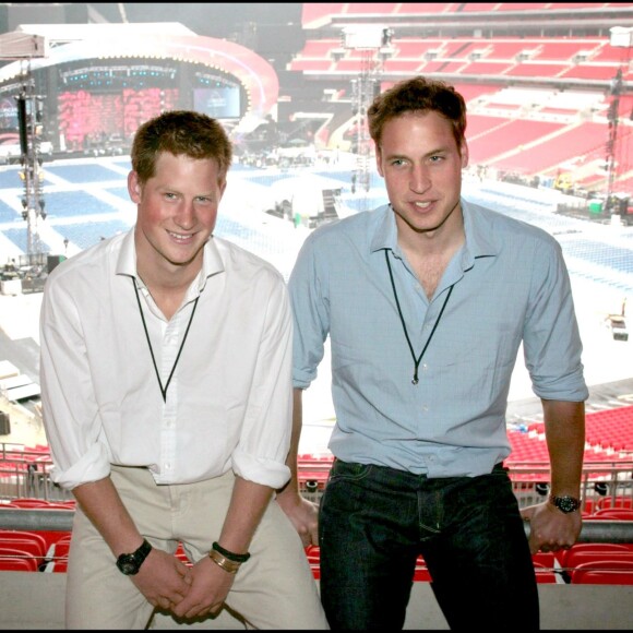 Le prince Harry et le prince William à Wembley, à Londres, le 30 juin 2007 à la veille du grand concert pour Diana, à la mémoire de leur mère Lady Di, disparue 10 ans plus tôt.