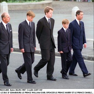 Le prince William et le prince Harry, soutenus par leur famille, lors des funérailles de la princesse Diana, le 5 septembre 1997 à Londres.