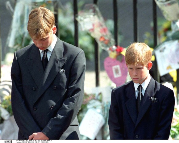 Le prince William et le prince Harry, soutenus par leur famille, lors des funérailles de la princesse Diana, le 5 septembre 1997 à Londres.