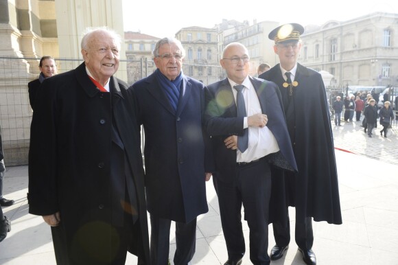 Jean-Claude Gaudin, Jean-Pierre Chevènement, Michel Sapin et le préfet PACA Stéphane Bouillon assistaient aux obsèques d'Edmonde Charles-Roux en la cathédrale de la Major (Sainte-Marie-Majeure) à Marseille le 23 janvier 2016.