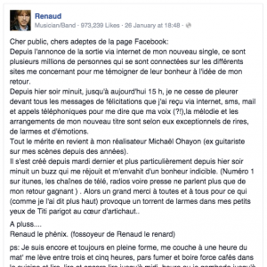 Renaud remercie ses fans pour l'accueil réservé à son single "Toujours debout", sur Facebook le 26 janvier 2016.