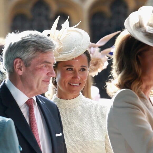 Michael Middleton, Pippa Middleton et Carole Middleton lors du baptême de la princesse Charlotte de Cambridge à l'église St. Mary Magdalene à Sandringham, le 5 juillet 2015.