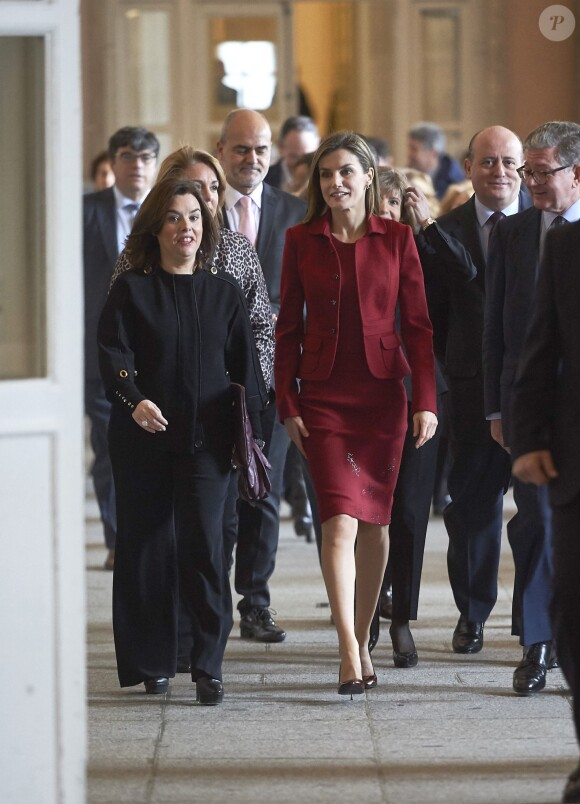 La reine Letizia d'Espagne en visite au palais royal de Madrid pour constater les améliorations architecturales en faveur de l'accessibilité pour les personnes handicapées le 10 février 2016