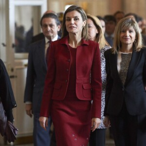 La reine Letizia d'Espagne en visite au palais royal de Madrid pour constater les améliorations architecturales en faveur de l'accessibilité pour les personnes handicapées le 10 février 2016