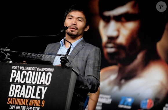 Manny Pacquiao lors d'une conférence de presse pour promouvoir son combat du 9 avril prochain face à Timothy Bradley, le 21 janvier 2016 au Madison Square Garden de New York