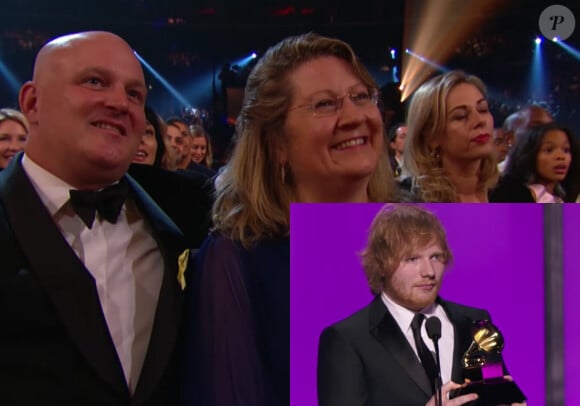 Un couple d'inconnus pris pour les parents d'Ed Sheeran par la chaîne CBS durant son discours de remerciement aux Grammy Awards, le 15 février 2016 à Los Angeles.