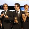 ean Dujardin, Bérénice Bejo et Michel Hazanavicius lors des César 2012
