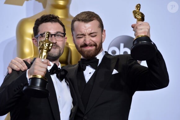 Songwriter Jimmy Napes and singer-songwriter Sam Smith, winners of the Best Original Song award for 'Writing's on the Wall' from 'Spectre,' pose in the press room during the 88th Annual Academy Awards at Loews Hollywood Hotel in Los Angeles, CA, USA on February 28, 2016. Photo by Lionel Hahn/ABACAPRESS.COM29/02/2016 - Los Angeles
