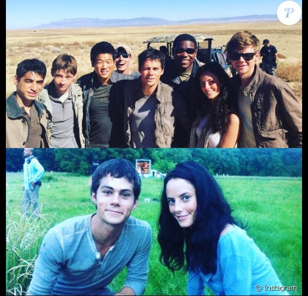 Dylan O'Brien avec Kaya Scodelario et leurs partenaires sur le tournage de la saga Le Labyrinthe, photo publiée sur Instagram par l'actrice le 19 mars 2016 après le grave accident de Dylan sur le tournage de l'épisode Le remède mortel.
