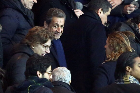Nicolas Sarkozy avec ses fils Jean Sarkozy et Pierre Sarkozy - People au match de football PSG - Monaco au Parc des Princes le 20 mars 2016. © Cyril Moreau/Bestimage