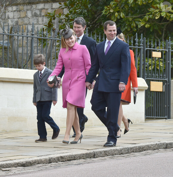 Autumn Phillips, Peter Phillips, Timothy Laurence et la comtesse Sophie de Wessex au château de Windsor le 27 mars 2016 pour la messe de Pâques en la chapelle St George.