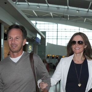 Les jeunes mariés Geri Halliwell et Christian Horner arrivent à l'aéroport de Heathrow en partance pour Cannes, le 16 mai 2015
