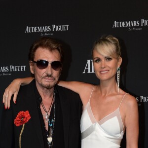 Exclusif - Johnny Hallyday et sa femme Laeticia Hallyday - La maison Audemars Piguet a célébré le lancement de la nouvelle Millenary Femme au Carreau du Temple à Paris le 6 juillet 2015 .