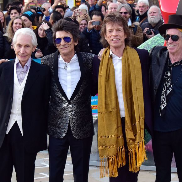 Les Rolling Stones Charlie Watts, Ronnie Wood, Mick Jagger et Keith Richards au vernissage de l'exposition "Exhibitionism" consacrée aux Rolling Stones à la Saatchi Gallery de Londres le 4 avril 2016. © CPA / Bestimage